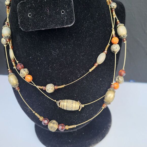 Earthy Triple Strand Floating Station Bohemian Brass Rust & Garnet Necklace 17" - Picture 13 of 14